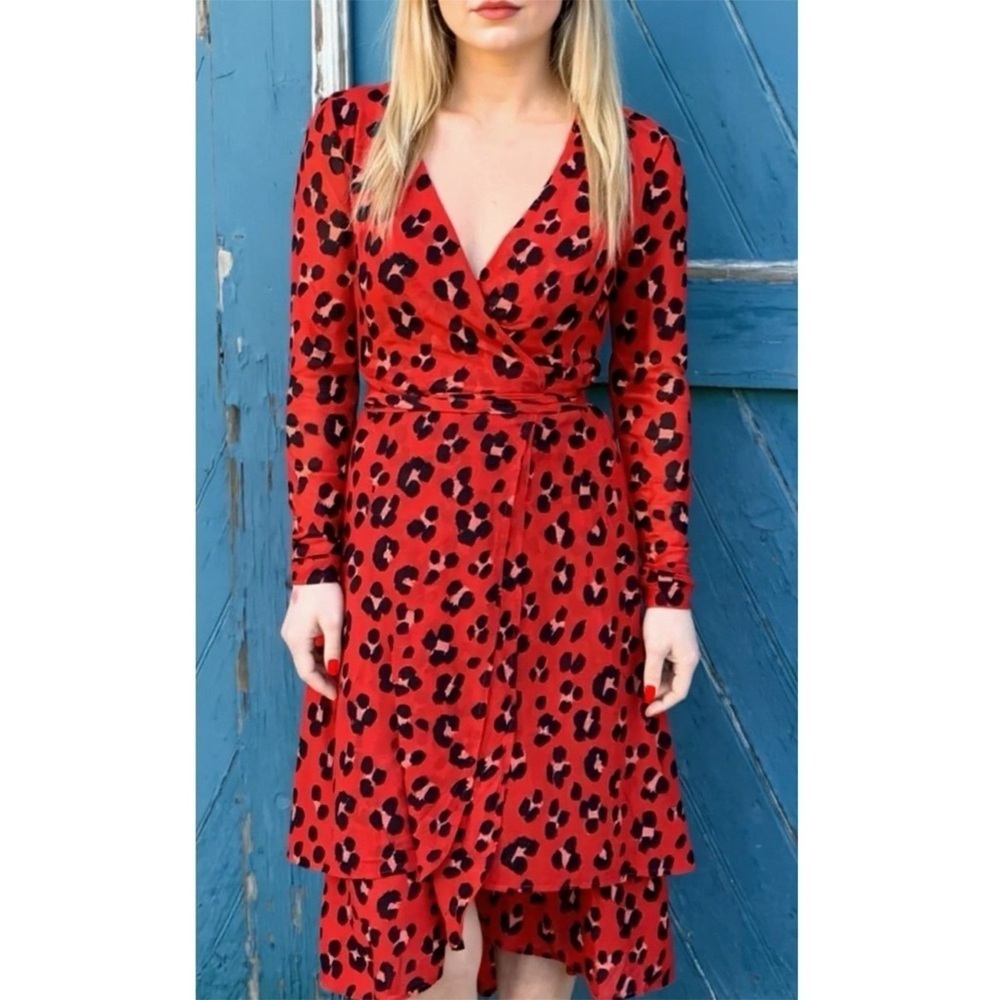 Cabi Siren Wrap Dress Red Leopard Print Midi Women’s Size XS Long Sleeve Chic